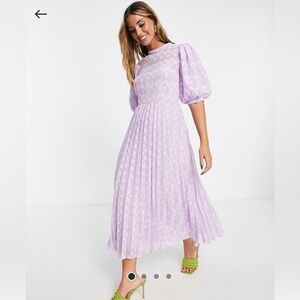 ASOS DESIGN High Neck Pleated Chevron Textured Midi Dress with Puff Sleeve